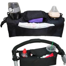 Syiyunran Pushchair Rear Tray Bag - Black, 1 Piece, Suitable for Most Pushchairs and Umbrella Prams, Holds Two Cups or Bottles, with a Zip in the Centre Organiser.