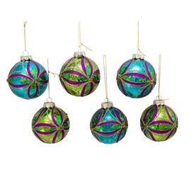 Kurt Adler 80MM Green, Blue, Gold and Purple Glass Ball Ornaments, 6 Piece Box