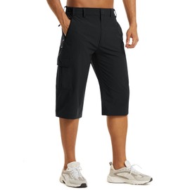 EKLENTSON Men's Shorts with 5 Pockets 3/4 Length Cargo Shorts Elasticated Waist Summer Quick Dry Hiking Walking Work Long Shorts Below Knee Black,32