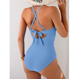 B2prity Women's One Piece Swimsuits Tummy Control Front Cross Bathing Suits Tie Back Slimming V Neck Swimwear Baby Blue