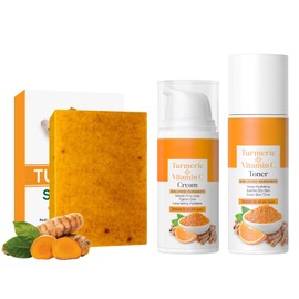 Turmeric Soap Bar Skin Care Set - Soap Bar with Face Toner & Face Cream - Natural Kojic Acid & Vitamin C - Dark Spot Remover for Even Skin Tone, Acne, Dark Spots - Deeply Hydrating & Firming (3pcs)