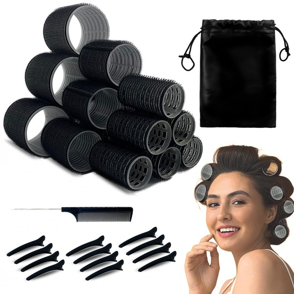 Zajuku Hair Rollers for Long Hair, 32 Pcs Salon Hairdressing Curlers Velcro Rollers Set for Hair, Black Self Grip Hair Roller Kit with 12 Clips A Comb and A Large Storage Bag (3 Size 55/40/28mm)