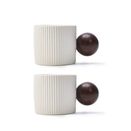 CLASGLAZ Ceramic Mini Espresso Cups Demitasse Cups with Round Wooden Handle Vertical Stripes Tea Cups (white, 2pcs)