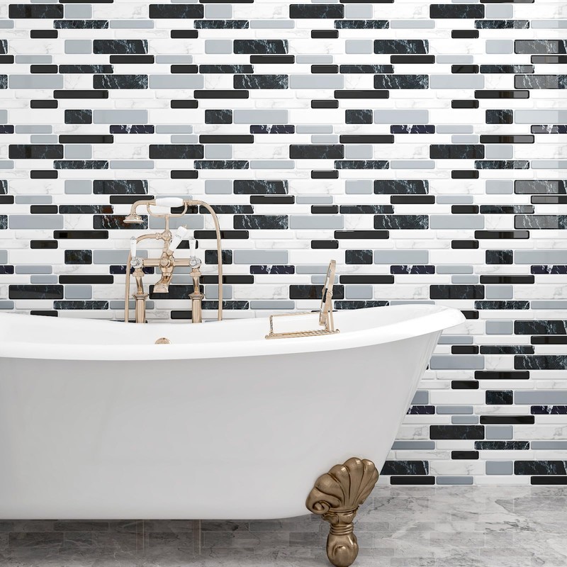 CHIHUT 6 Sheets 12"x12" Black White Gray Marble Mosaic Peel