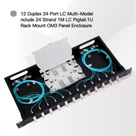 LC-OM3 12 Duplex 24 Port Fiber Enclosure Box - 1 RU Rack Mount Multimode LC-UPC Kit for 19" Racks - includes Splice Trays, OM3 Pigtails Fiber Optic Cables, and LGX Loaded Patch Panel