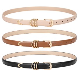 WERFORU Women 3 Pack Skinny Belt for Dress Jeans,Thin Leather Waist Belt with Gold Buckle