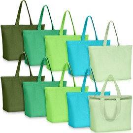 Epakh 10 Pack Green Tote Bag with Zipper - Reusable Large Blank Cotton Canvas Grocery Bag Plain Shopping Tote Bulk for Women Men DIY Painting Crafting Multipurpose