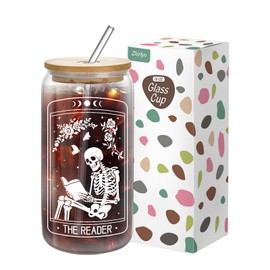 Zhirlyn 16 oz Book Lovers Glass Tumbler with Lid & Straw - Bookish Gifts for Women, Readers & Bookworms - Book-Themed Coffee/Tea/Smoothie Cup (Skeleton)