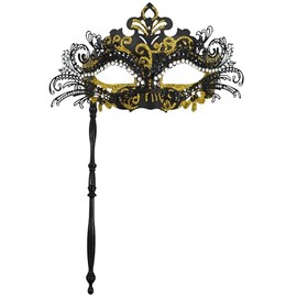 Aimeein Masquerade Mask with Stick Mardi Gras Deecorations Venetian Masks for Women(Black/Gold Glitter)