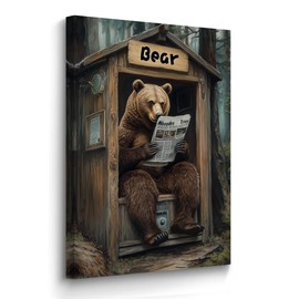 BJYCHG Bear Canvas Wall Art Rustic Bear in Outhouse Picture for Bathroom Animal on Toilet Prints Forest Wildlife Painting Farmhouse Cabin Bathroom Decor Framed (Brown, 18L x 12W)