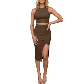 oten Women's Summer 2 Piece Outfit Sleeveless Tank Top Bodycon Skirt Set Slit Knit Going Out Midi Dress High Waist Evening Club Dresses Brown Medium