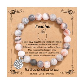 QWNHONEY Teacher Gifts Apple Charm Bracelet Natural Pink Stone Beads Jewelry