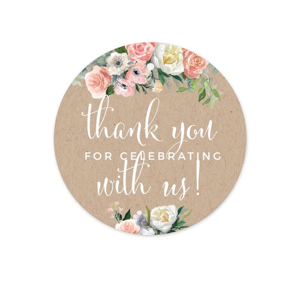 Andaz Press Peach Coral Kraft Brown Rustic Floral Garden Party Wedding Collection, Round Circle Gift Tags, Thank You for Celebrating with US, 24-Pack