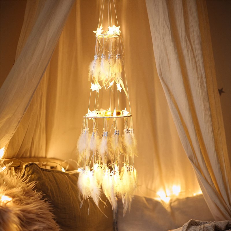 Dremisland Double Circle White Feather Dream Catcher with Mobile LED