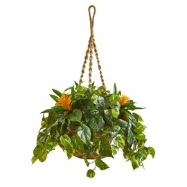 Nearly Natural 31in. Bromeliad & Pothos Artificial Plant in Hanging Basket