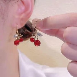 CUSIOALQQ Sweet Red Cherry Dangle Earrings for Women Girls Handmade Dainty Cubic Zirconia Promise Unique Fruit Cute Earrings Eternity Engagement Wedding Cherry Earrings for Teens Girls