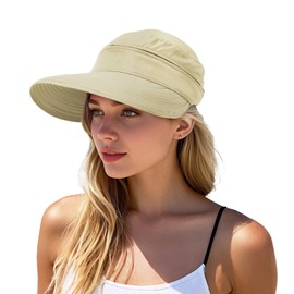 Durio Sun Hat for Women UV Protection Visor Hats Wide Brim Sun Hats Ponytail for Summer Beach Tennis Golf Garden Beige