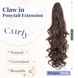 TESS 24'' Curly Ponytail Extensions, 210g Claw in Long Ponytail, Hair Pieces for Women, Light Brown