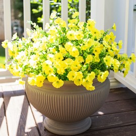 HyeFlora Artificial Faux Outdoor Flowers Plants for Spring Summer Decoration, 12 Bundles Fake Morning Glory UV Resistant Look Real Silk Flowers for Outside Planter Front Door Porch Patio Yard, Yellow