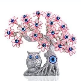 7.4'' Turkish Blue Evil Eye Tree Feng Shui Owl Decorative Showpiece for Protection, Good Luck & Prosperity (Pink Flowers)