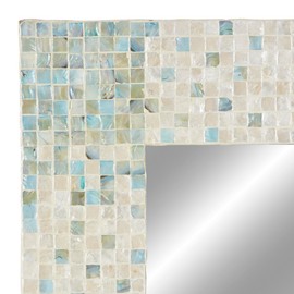 Deco 79 Mother of Pearl Shell Handmade Room Wall Mirror Mosaic Entryway Mirror with Blue Corners, Wall Mounted Mirror 24" x 1" x 36", Cream