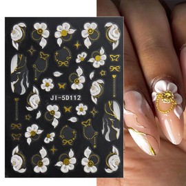 3 Sheets 5D Embossed Flower Nail Stickers Yellow Pink Purple Blue Floral Nail Decals Self-Adhesive Butterfly Nail Design Rose Flowers Petal Chain Nail Art Stickers for Women Girls Nail Art Decoration
