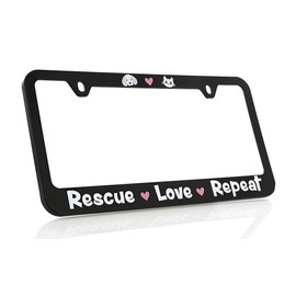 Baron-Jewelry Rescue Love Repeat Adorable pet Dog & cat License Frame. Black Plastic with Bright UV Printed Image. US & Canada Size.