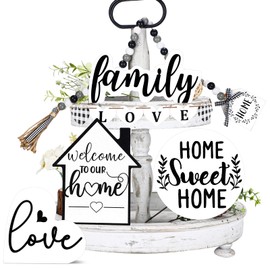 10 Pcs Farmhouse Tiered Tray Decor Farmhouse Home Decor Mini Signs Rustic Tiered Tray Signs Home Wood Sign Cutting Broad House Shaped Table Decor Buffalo Plaid Wooden Farm Fresh Sign (Home Heart