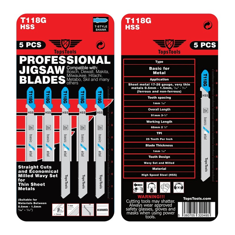 25 x TopsTools T118G 91mm Jigsaw Blades Designed for Metals