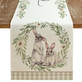 ARKENY Happy Easter Table Runner 13x72 Inches, Bunny Rabbit Leaf Floral Spring Holiday Farmhouse Buffalo Plaid Burlap Indoor Table Decorations for Home AT573-72