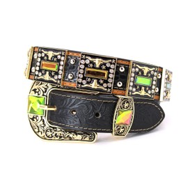 West Star Texas Men Western Leather Belt Longhorn Unisex Genuine Leather Studs Cowboy Belt Concho 507E BK Multicolor Floral L