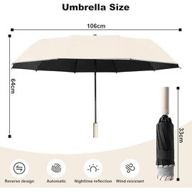 BOOSEN Paraguas Plegable Automático, Paraguas UV, Sombrilla para Lluvia con 360° Tiras Reflectantes, Paraguas Plegable Reverse para Hombres y Mujeres compacto, 106 cm de Diámetro