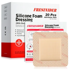 FRESINIDER Silicone Foam Dressing with Adhesive Border – Wound Dressing Bandage – Silicone Foam Pad – Pack of 20 – 4 x 4 Inches Large Waterproof Bandages – Self Adhesive Wound Care and Dressings