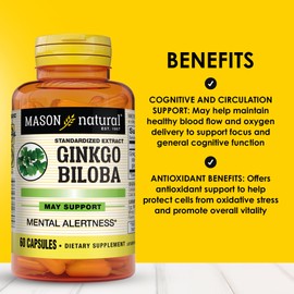 MASON NATURAL Ginkgo Biloba, Supports Brain Function & Mental Alertness, Herbal Supplement, 60 Capsules