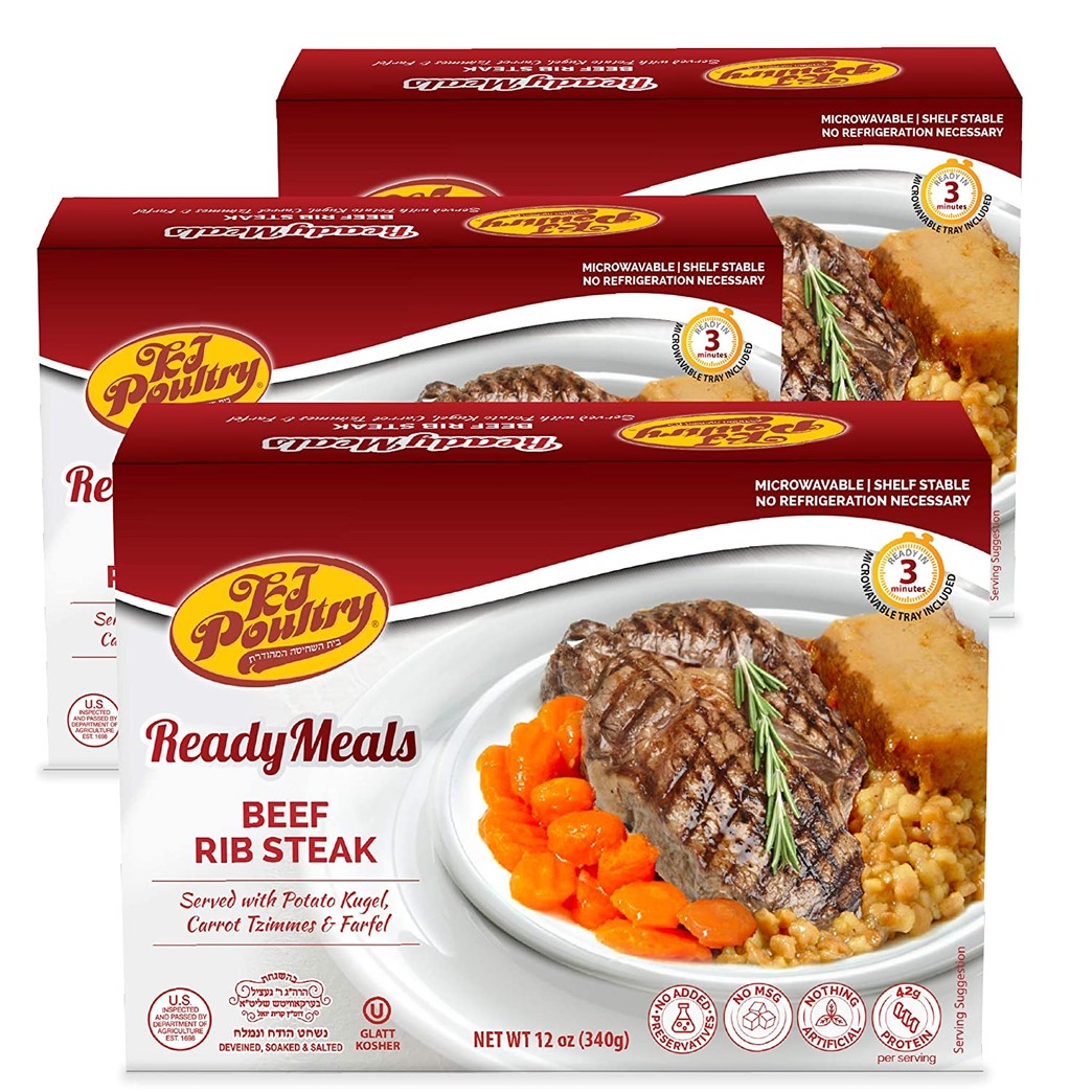 Kosher MRE Meat Meals Ready to Eat, Beef Rib Steak & Kugel (3 Pack) - Prepared Entree Fully Cooked, Shelf Stable Microwave Dinner – Travel, Military, Camping, Emergency Survival Protein Food Supply