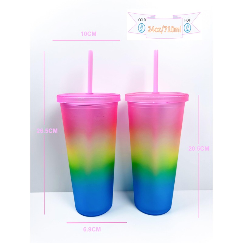 LINDACA 24oz/710ml Double Wall Gradient Colour Reusable Plastic Cup with