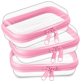 Hoolerry 3 Pcs Clear Hard Zipper Case Plastic Pouch Transparent Hard Case Clear Makeup Bag Portable Travel Organizer Bin for Cosmetics, Building Blocks, Puzzles(Pink,XS)