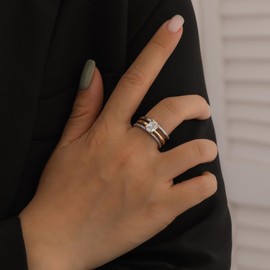 14k Gold Silver Plated Stackable Rings for Women Minimalist CZ Mixed Metal Two Tone Gemstone Stacked Travel Faux Diamond Rings Set Non Tarnish Statement Knuckle Jewelry(Three-ring oval zircon ring, 5)