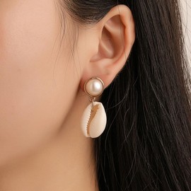 Cimenexe Bohemian Pearl Shell Dangle Earrings Natural Cowrie Shell Drop Earrings Gold Pearl Stud Earrings Round Pearl Seashell Earrings Jewelry for Women and Girls Gifts
