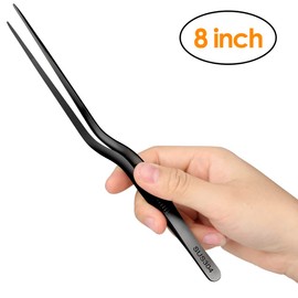 Gutsdoor 8 Inch Plating Tweezers Stainless Steel Precision Culinary Tweezers Black Kitchen Offset Tweezers Tongs