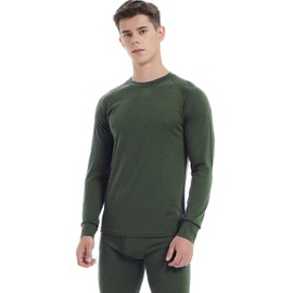Iguana Mens 100% Merino Wool Base Layer Top - Winter Hiking Skiing Camping Thermal Underwear 190 GSM Dark Green Medium