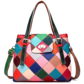 Segater® Women Multicolor Tote Bag Genuine Leather Colorful Square Stitching Handbag Purse Ladies Bohemian Design Handbag Vintage Patchwork Crossbody Bags (Multicoloured)