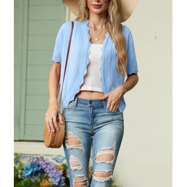 GRECERELLE Women's Summer Lightweight Short Sleeve Cardigan Elegant with Shell Edge Design Bolero Cardigan Jacket for Dresses and Tops, lightblue, L