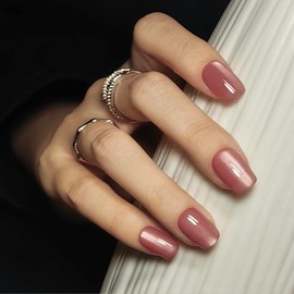 Okiyomi Pink Press on Nails - Dusky Rose Pink Cat Eye Press on Nails | Magnetic Sunset Rose Shimmer - Short Ballerina Squoval Shape - 15 Sizes - 30 Soft Gel Fake Nails with Glue and Stick On Tabs