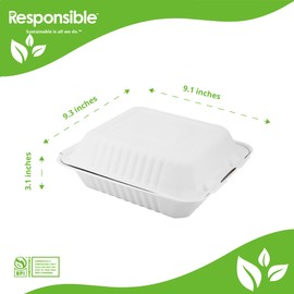 Responsible Products 9 inch Hinged Containers, Tree-Less™ Compostable Molded Fiber Takeout Containers, Extra Strength, Tree-Free and Made Without PFAS, White (50 Count)