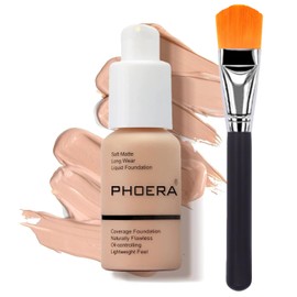Glamza PHOERA Foundation Concealer Makeup Full Coverage Matte Brighten Long Lasting UK + Professional Flat Face Foundation Brush (103 WARM PEACH)