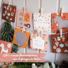 Papierdrachen Individual Advent Calendar with Scratch Cards 12 x 12 cm - 24 Cards to Personalise, 24 Number Stickers (Silver), Cord & 24 Clips for Hanging - Boho Nordic Christmas - Set 1