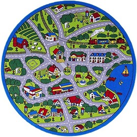 Champion Rugs Kids/Baby Room/Daycare/Classroom/Playroom Area Rug. Roads. Town. City. Race Car Tracks. Educational. Fun. Non-Slip Gel Back. Play Mat (8 Feet x 8 Feet Round)
