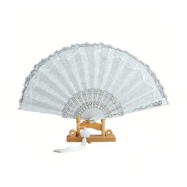 Chinshwehaw 1920s Vintage Bridal Lace Fan, Foldable Floral Embroidery Hand Fan with Gold Glitter & Tassels - Wedding Dance Tea Party Gift for Women, Mother, Bride, Compact Retro Cosplay