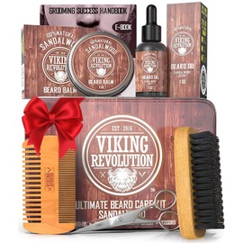 Viking Revolution Viking Revolution Ultimate Grooming Kit for Men - Boar Brush, Wood Comb, Sandalwood Balm & Oil, Scissors for Beard & Mustache